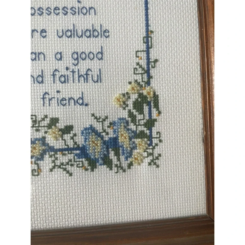 Vintage Framed‎ Beaded Cross Stitch Floral Friend Quote Cottagecore Decor